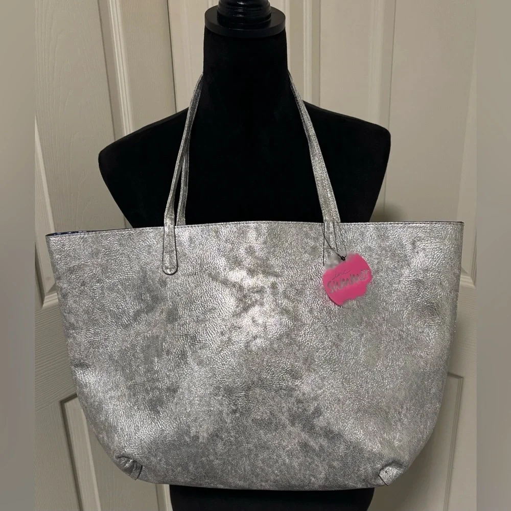 NWT INC Silver Metallic Tote Bag Large Shoulder Purse Tassel Charm Faux Leathet